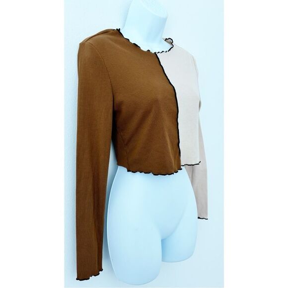 3/$15 SHEIN Two Tone Lettuce Trimmed Long Sleeve Cropped Ribbed Top Size Medium - Picture 7 of 15